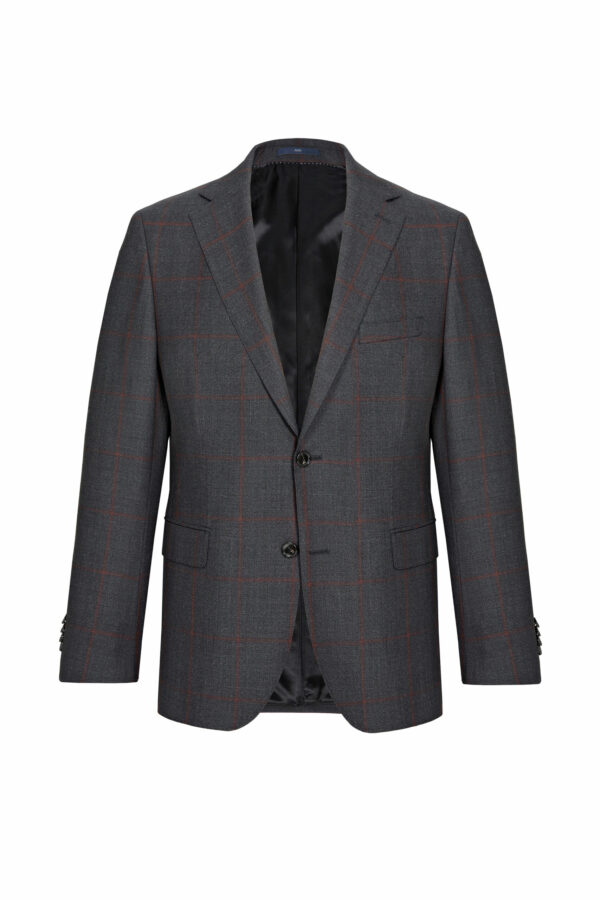 Suit jacket in charcoal with subtle rust-coloured plaid pattern